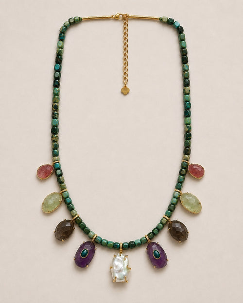 Aleonor — collier agate verte, turquoise, améthyste et perle d'eau douce baroque